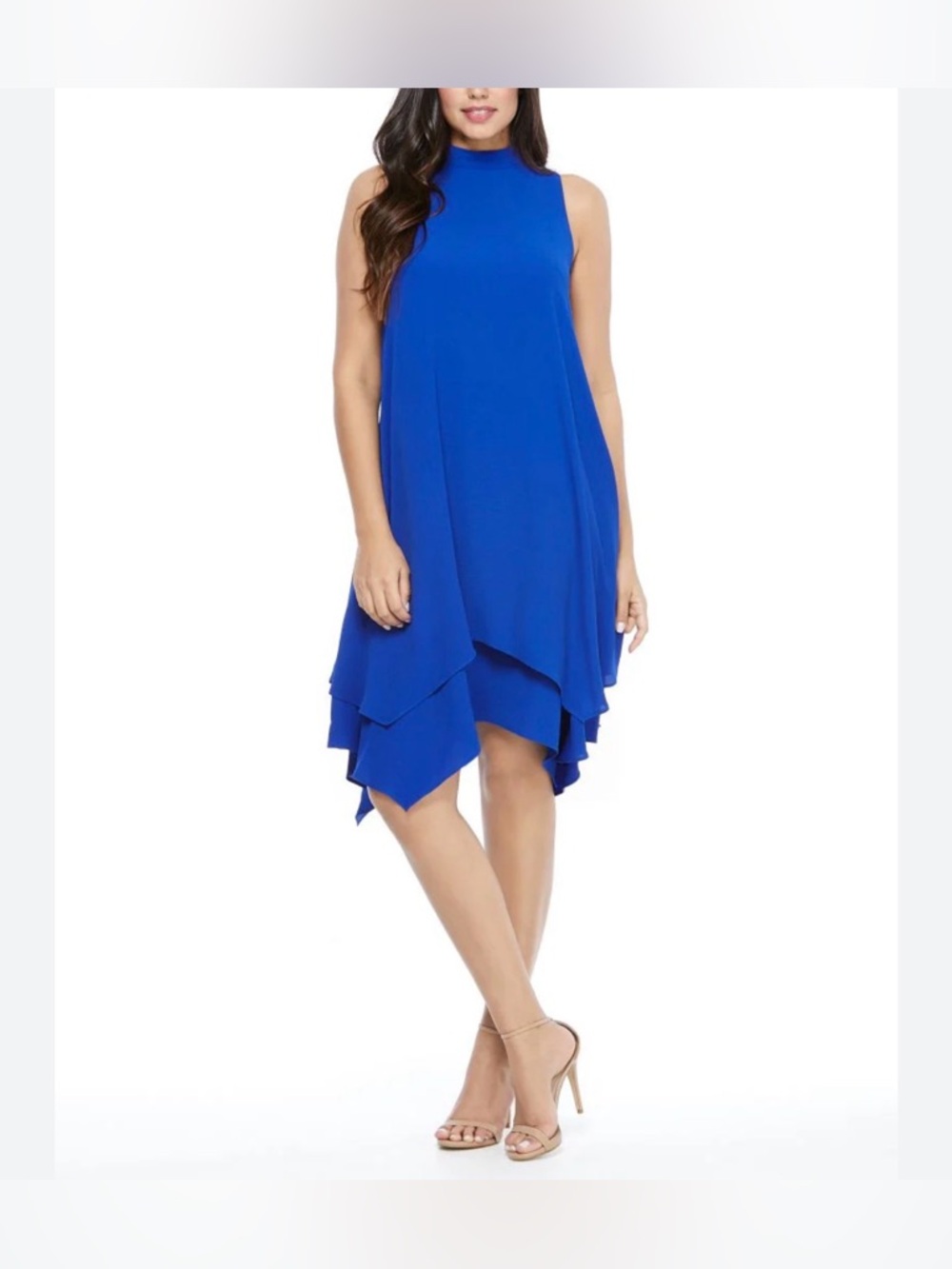 London Times Sleeveless Cobalt Blue Asymmetrical Layered Dress